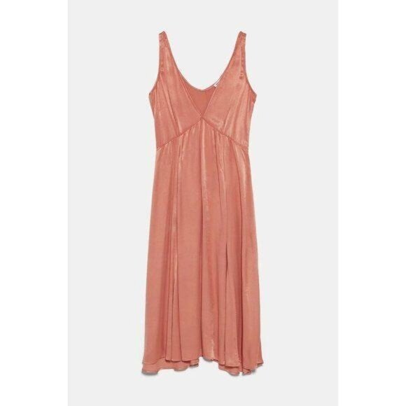 Zara Dusty Pink Satin Plunge V-Neck A-Line Dress Wide Straps Rounded Back - Picture 7 of 8